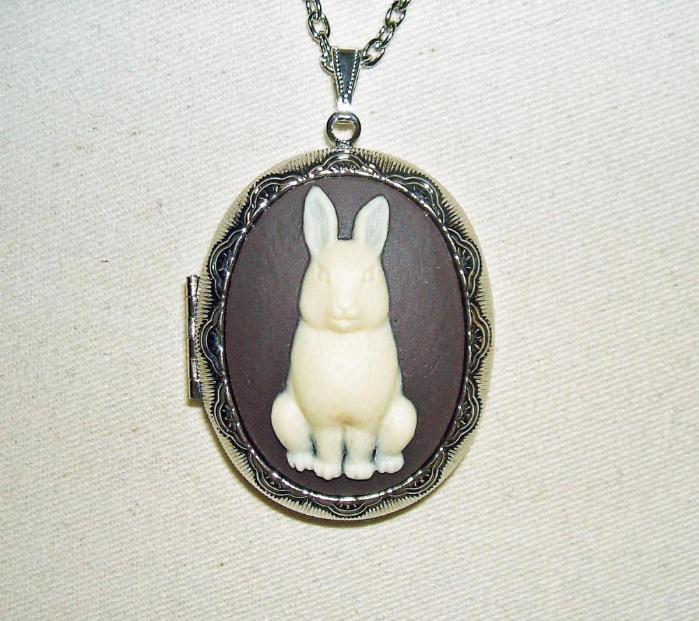 WHITE RABBIT CAMEO Necklace Locket Pendant Altered Art Photo Holder Sitting Bunny