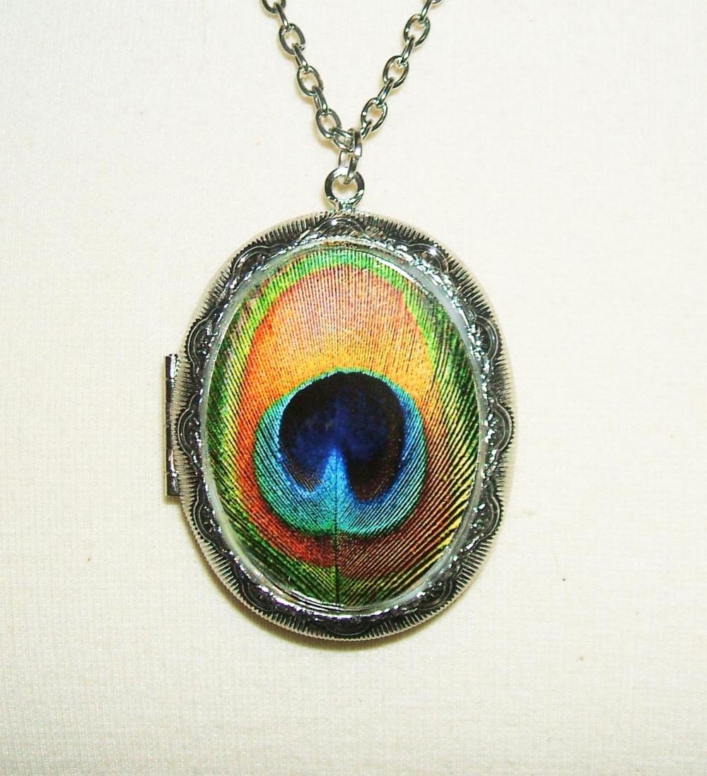 PEACOCK FEATHER Necklace Locket Altered Art Pendant