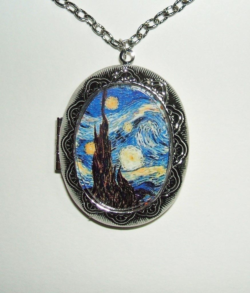 STARRY NIGHT Locket NECKLACE Pendant Altered Art Photo Holder vAN gOGH