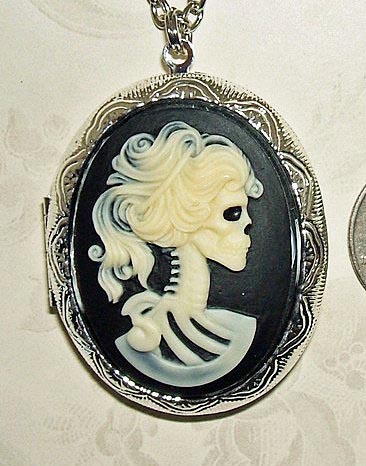 SKELETON Skull Lady CAMEO Pendant LOCKET Necklace