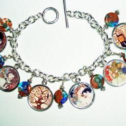 Gustav KLIMT Paintings CHARM BRACELET Tree Of Life Mother and Child The Kiss Altered Art Tribute