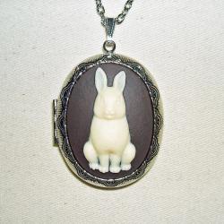 WHITE RABBIT CAMEO Necklace Locket Pendant Altered Art Photo Holder Sitting Bunny