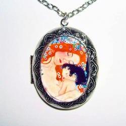 MOTHER and CHILD Locket NECKLACE Pendant Altered Art Photo Holder Klimt